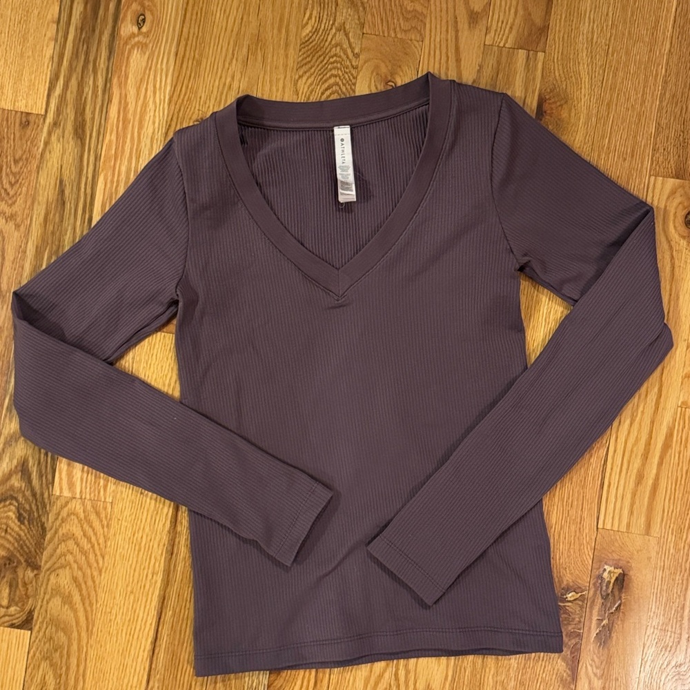 ATHLETA Renew V-Neck Ribbed Long Sleeve Shirt, Purple, XS